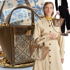 🆕 TORY BURCH 🧿 NWT McGraw T Monogram Jacquard Drawstring Satchel, Tan - AUTH